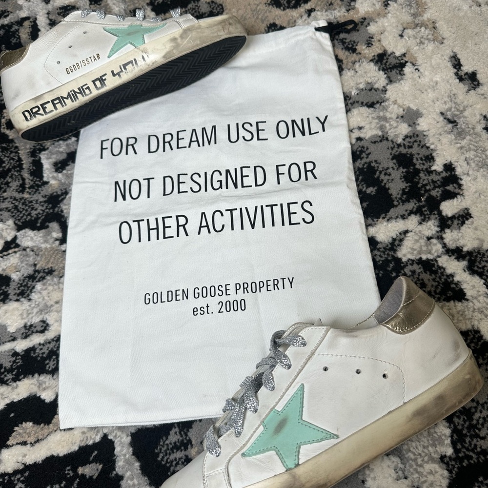 Golden Goose Super Star Sneakers with Mint Green Star and Silver/Gold Accents 7 - Picture 13 of 15